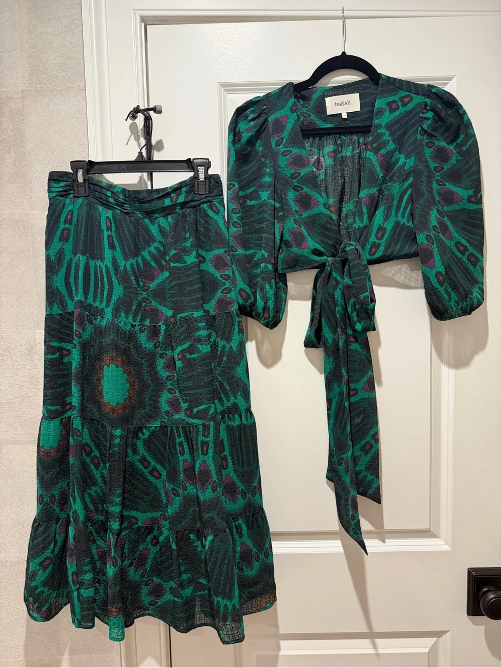 ba&sh Green Patterned Midi Skirt - Tie-Front SET